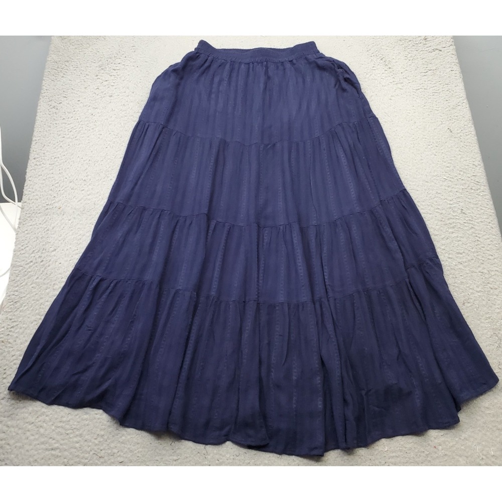 Lulus Long Maxi Skirt Womens Small Navy Linen Blend Tiered Boho Elastic Waist